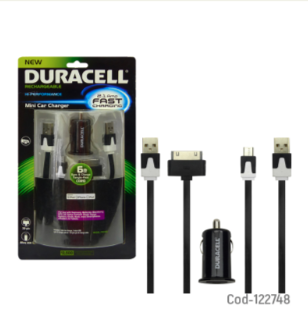 Cargador Duracell Con Cable USB Micro Y Cable Iphone 30 Pin, Para Auto 12V