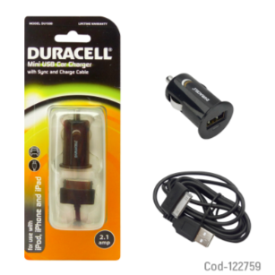 Cargador Duracell 2.1Amp Con Cable Iphone 30 Pin, Para Auto 12V