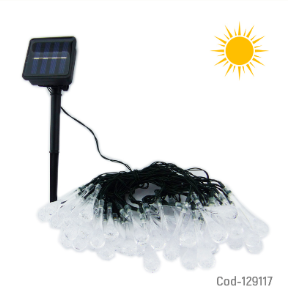 Guirnalda Solar, 50 Gotas LED, 12 Metros, Luz Calida, Con Estaca, Luz Fija-Efectos. En Caja.